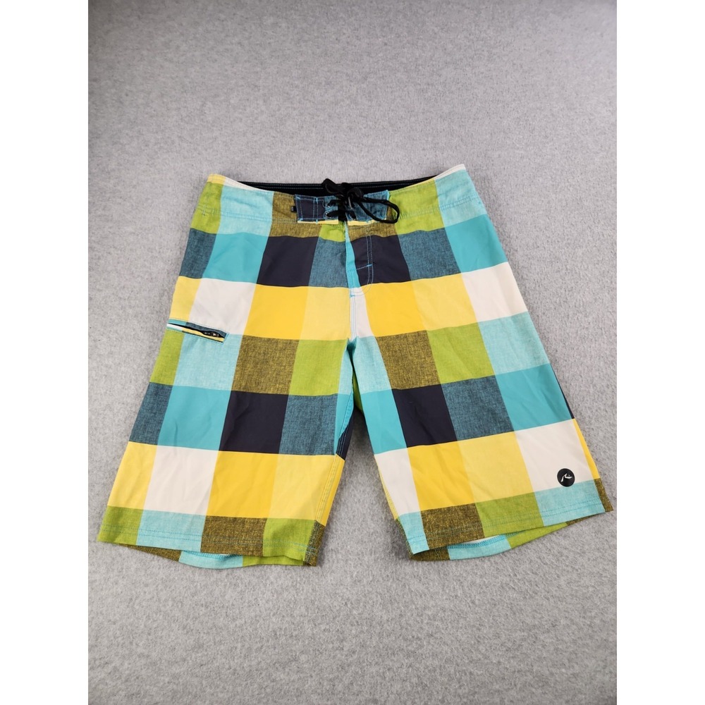 Rusty Board Shorts Mens 34‎ Large Plaid Surfing Swim Trunks Logo Drawstring